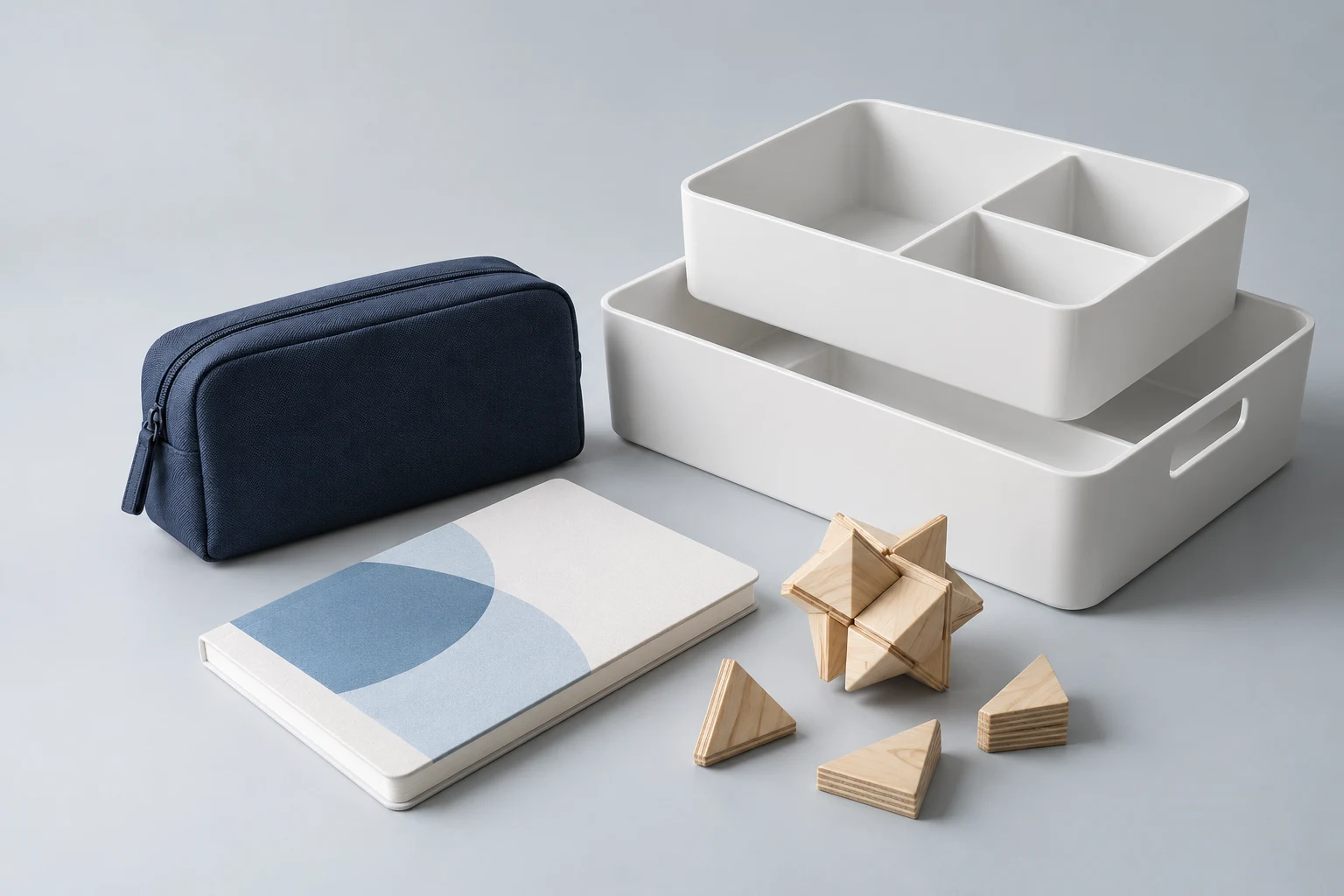 Concept arrangement of fabric, plastic, paper and wood products